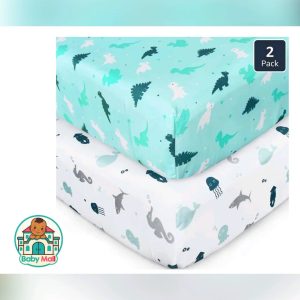 Mint Green & White Neutral BabyMall246 Dinosaur & Ocean Crib Sheets 2-Pack Standard Crib Size