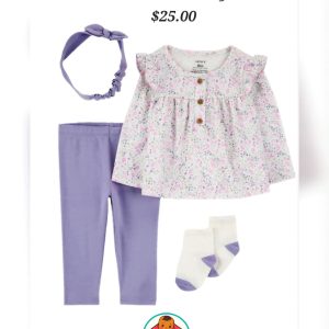 Carters Lilac Baby Girl 4-Piece Floral Outfit Set 6+ Months
