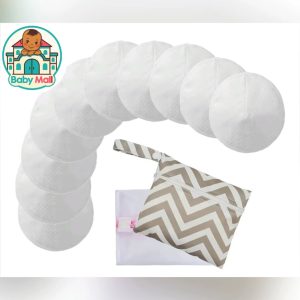 Baby Mall White Women's Reusable Bamboo Nursing Pads 10-Pack with Wash & Wet Bag