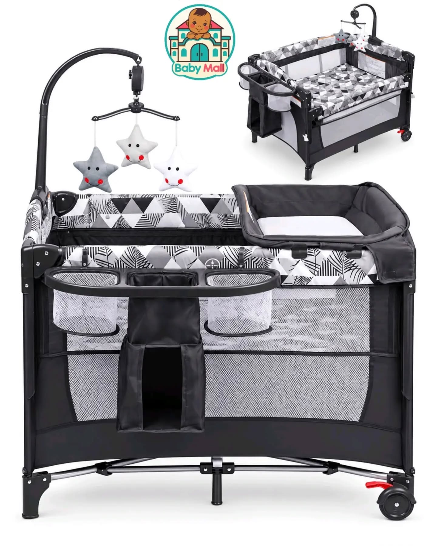 Black Unisex Baby Mall 5-in-1 Deluxe Nursery Center Playard & Bedside Bassinet