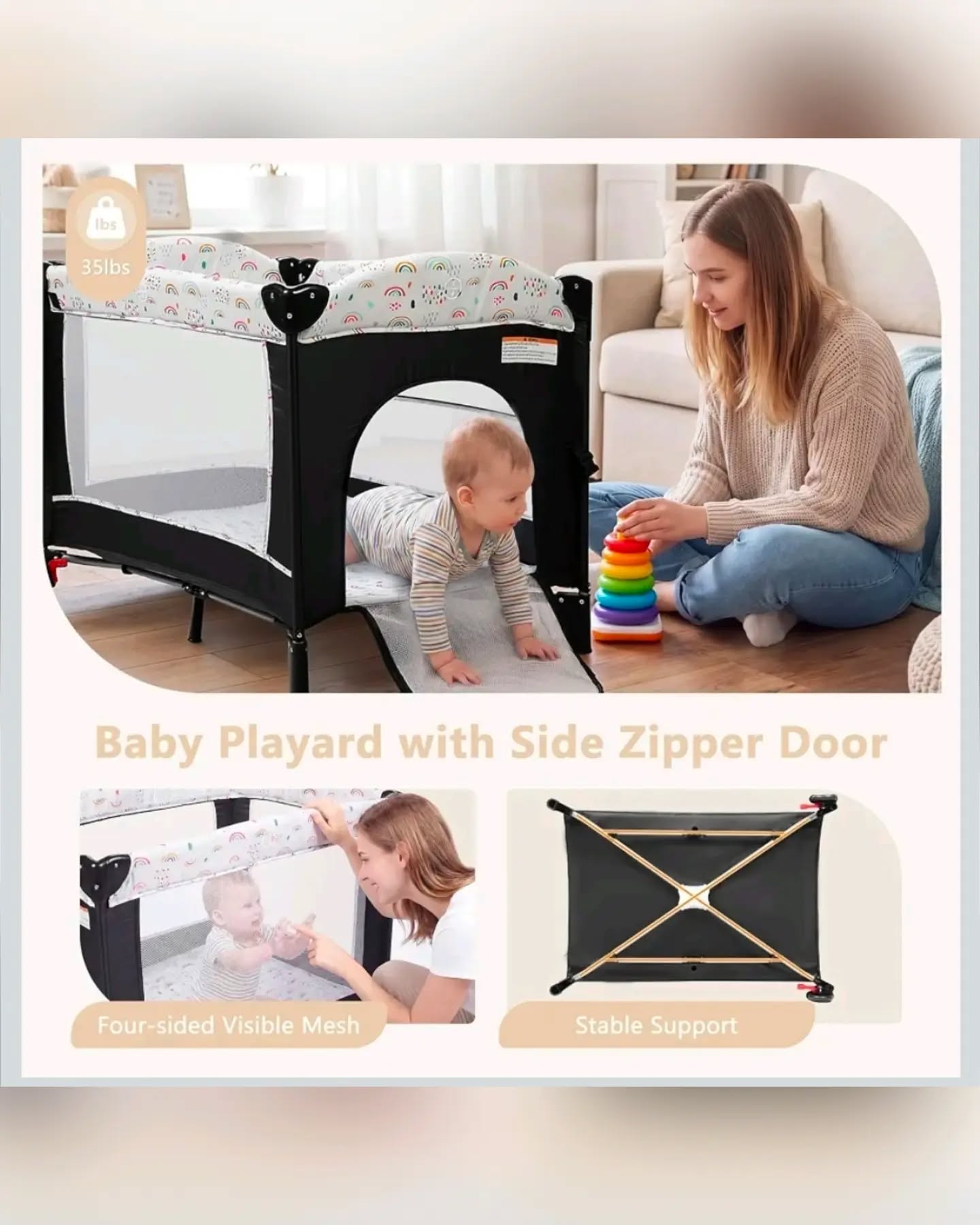 Baby Mall Black and White 4-In-1 Deluxe Nursery Center Playard & Bedside Bassinet - Image 4