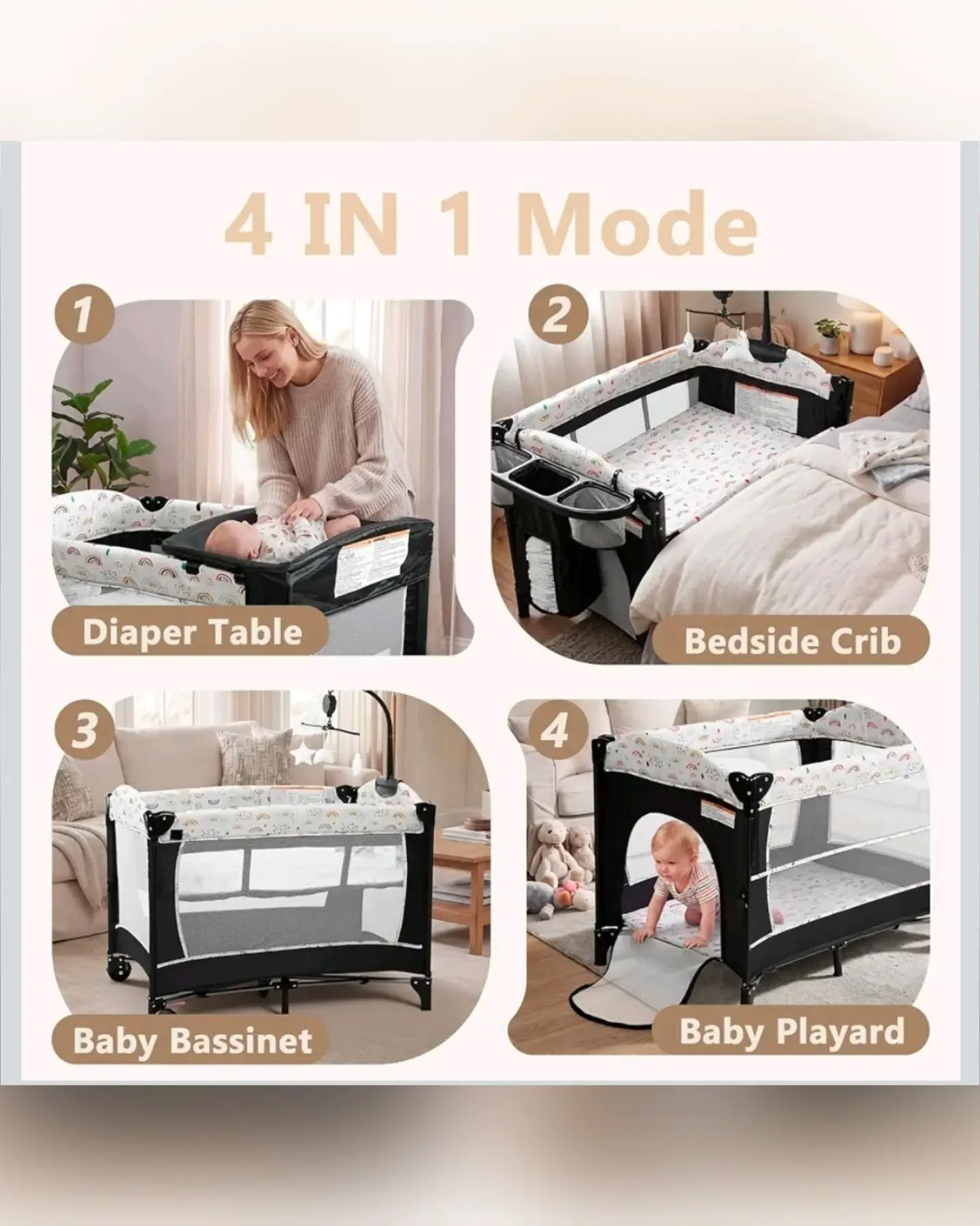 Baby Mall Black and White 4-In-1 Deluxe Nursery Center Playard & Bedside Bassinet - Image 2