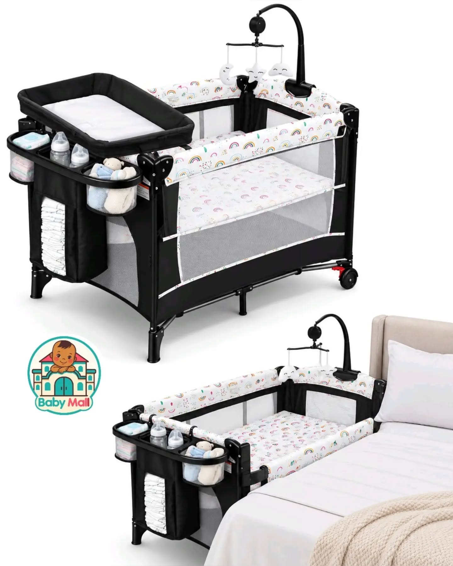 Baby Mall Black and White 4-In-1 Deluxe Nursery Center Playard & Bedside Bassinet
