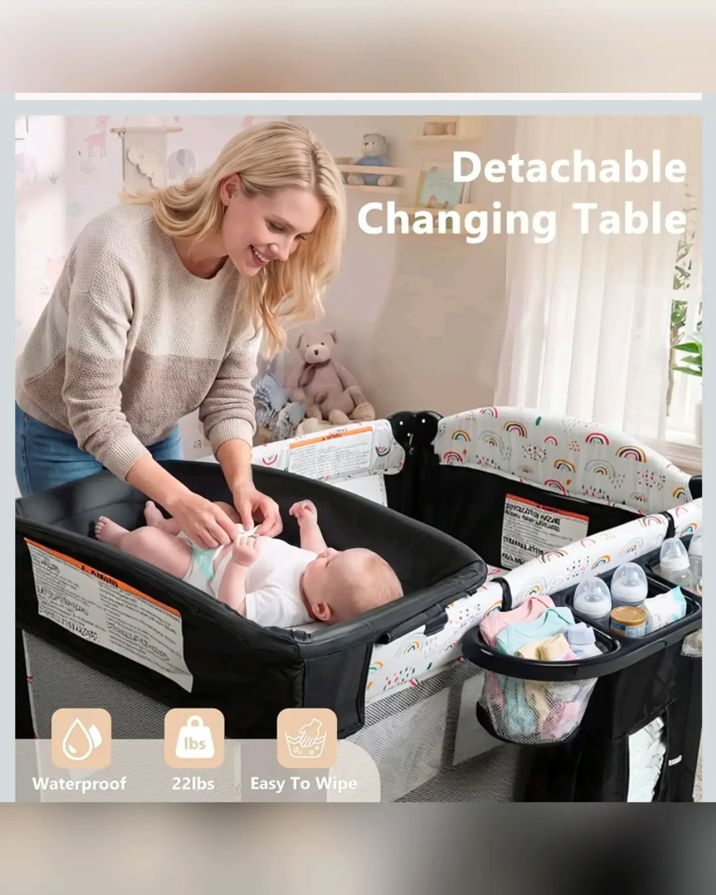 Baby Mall Black and White 4-In-1 Deluxe Nursery Center Playard & Bedside Bassinet - Image 6