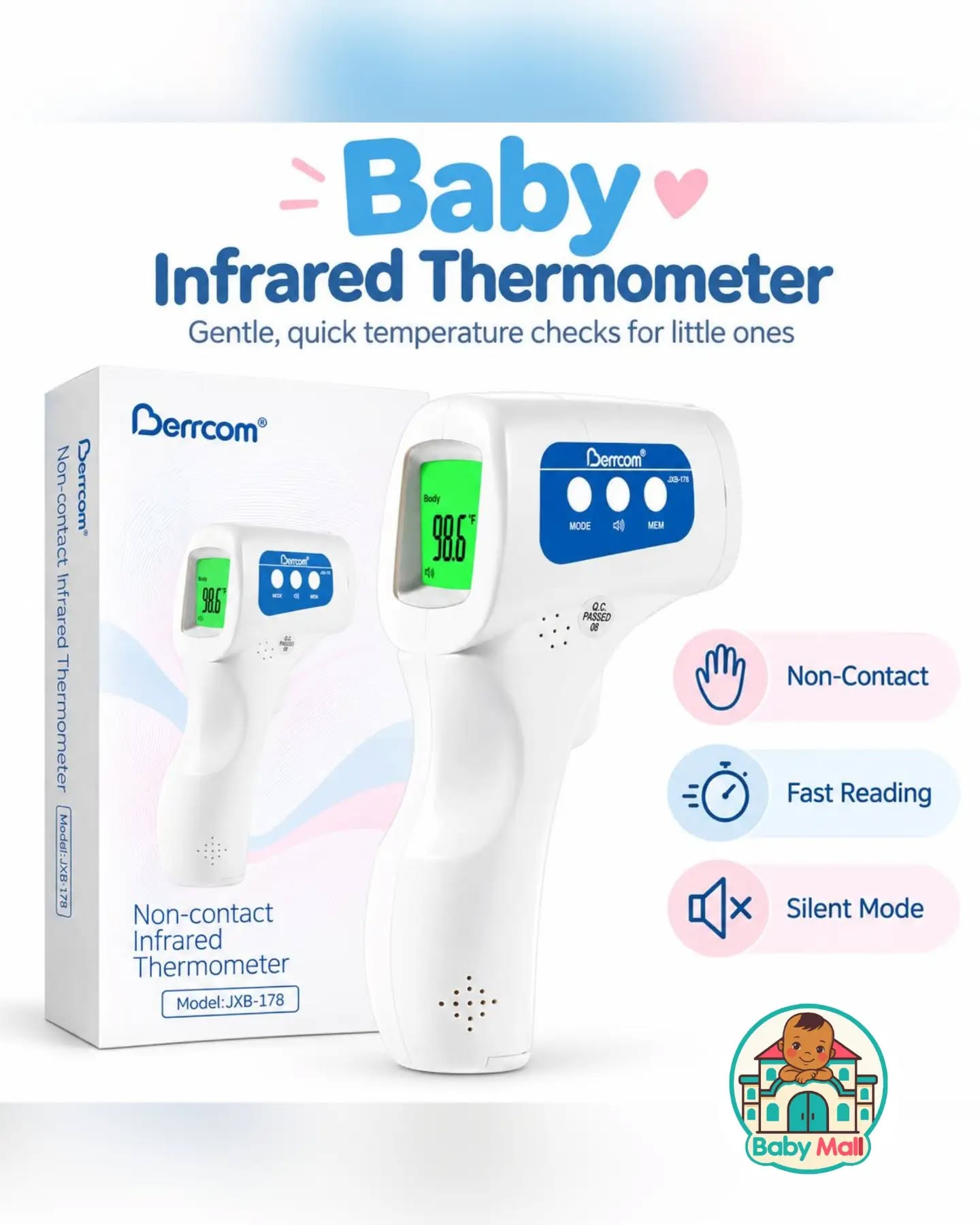 Berrcom White Non-Contact Infrared Thermometer Model JXB-178