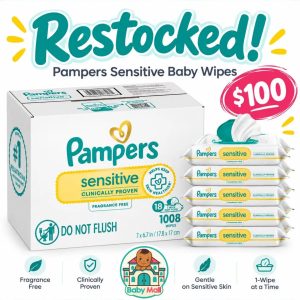 White Baby Wipes Pampers Sensitive Bulk Value Pack, 18 Flip-Top Packs (1008 Wipes)