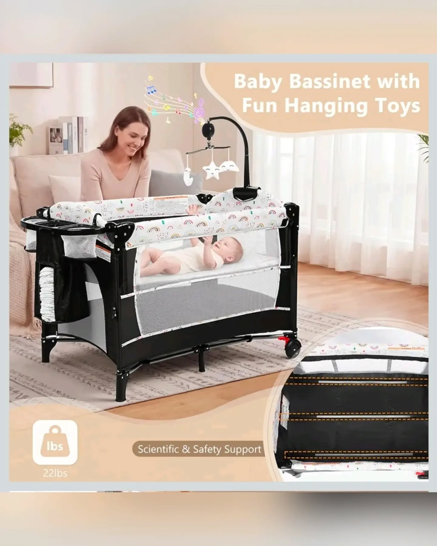 Baby Mall Black and White 4-In-1 Deluxe Nursery Center Playard & Bedside Bassinet - Image 5