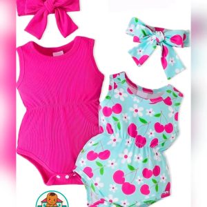 Baby Mall Hot Pink Ribbed & Light Blue Cherry Print Baby Girl Romper Set 6-12 Months