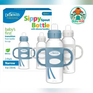 Dr. Brown's Milestones Blue & Grey Baby Sippy Spout Bottle 2-Pack, 8oz Narrow